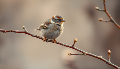 Fototapeta premium Adorable Sparrow Perched on a Budding Branch in a Soft Neutral Background