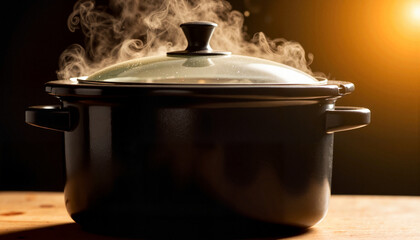 Steaming black slow cooker on wooden surface, home cooking comfort