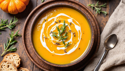 Cozy pumpkin soup topped with thyme, autumn comfort food