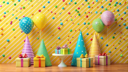 Obraz premium A festive celebration with colorful balloons, party hats, and wrapped gifts against a bright yellow striped backdrop