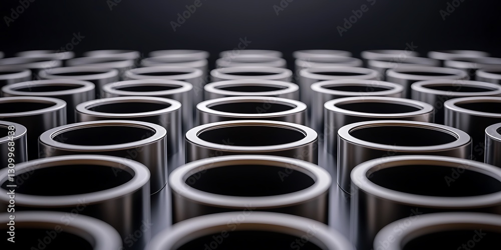 Poster close-up view of metallic cylindrical containers arranged in a grid pattern on a dark background