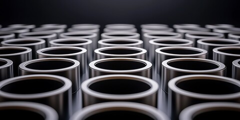 Close-up view of metallic cylindrical containers arranged in a grid pattern on a dark background