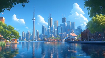 Sunny Toronto waterfront cityscape, boaters, construction