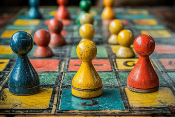 A vintage board game in progress, featuring colorful wooden playing pieces on a well-worn game board.