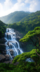 Fototapeta premium Enchanting photography of a waterfall flowing in the jungle surrounded by dense foliage and lush greenery in realistic imagery