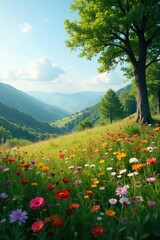 Fototapeta premium Trees and wildflowers blend seamlessly into the horizon, nature, landscape, peaceful