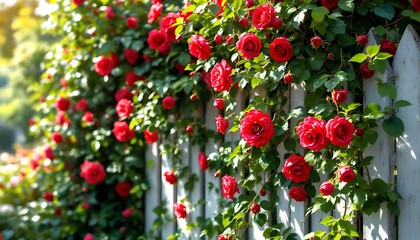 Obraz premium Red Roses Blooming on a White Fence: A Summer Garden Scene
