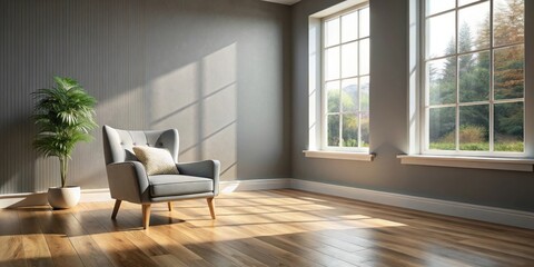 Sunlight streams through large windows illuminating a minimalist living room with a comfortable armchair and a potted plant
