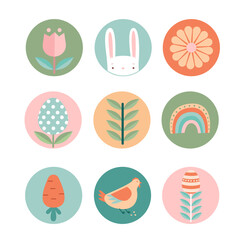 Easter cute icons set.  Spring flowers, Easter rabbit, chicken, carrot.