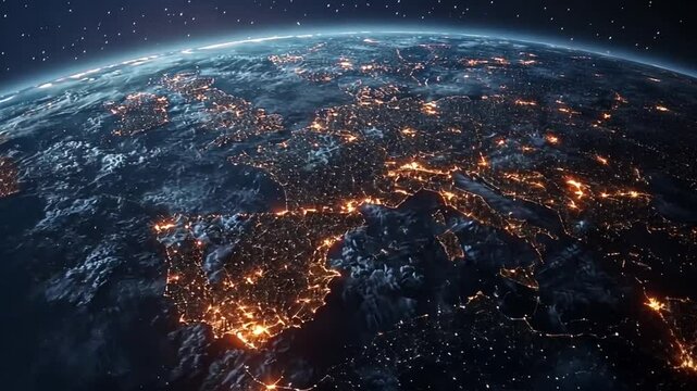 Europe illuminated at night from space showing city lights and atmospheric effects revealing density of urban development and connections