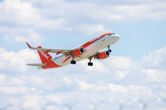 Berlin Germany June 9 2024: Easyjet Airbus 319 flies over Berlin