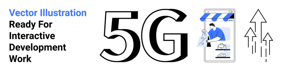 5G text, smartphone with e-commerce storefront, professional user interaction, and upward arrows. Ideal for technology, communication, online business, connectivity, innovation commerce flat