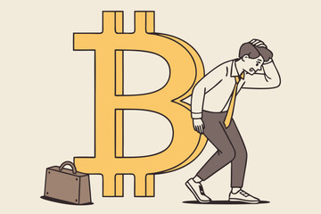 Fear, uncertainty and doubt acronym as FUD in crypto currency trading by spread information concept, confused businessman investor sitting with fear on Bitcoin symbol.