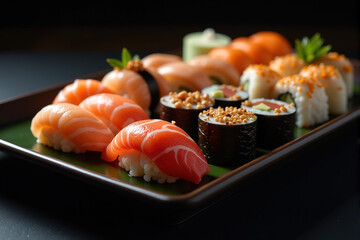 Closeup of a variety of fresh sushi pieces arranged on a dark green tray against a cut out background.