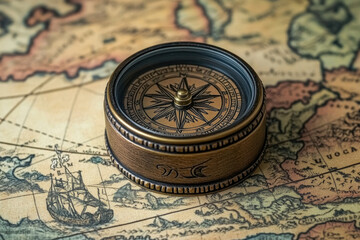 Antique compass rests on an aged map, symbolizing exploration and navigation.