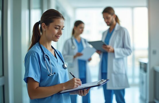 Woman nurse in blue uniform writes on clipboard with pen. Healthcare personnel work with documents in clinic. Blurred medical staff, doctors wear white coat in hospital. Teamwork, medicine concept. - Powered by Adobe