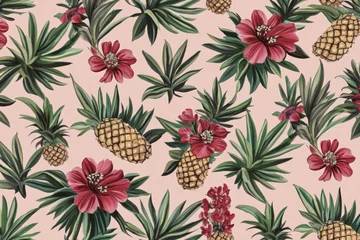 Fototapete Rund Tropical delight with vibrant flowers and pineapples showcasing a lively summer spirit against a pink backdrop © MiraCle72