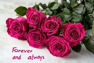 "Forever and always" with bright pink roses placed beside on white