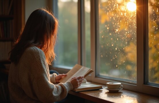 Girl in cosy sweater reads book near window on rainy autumn day. Woman enjoys calm atmosphere reading book with coffee cup. Comfortable indoor scene evokes warmth and tranquility.