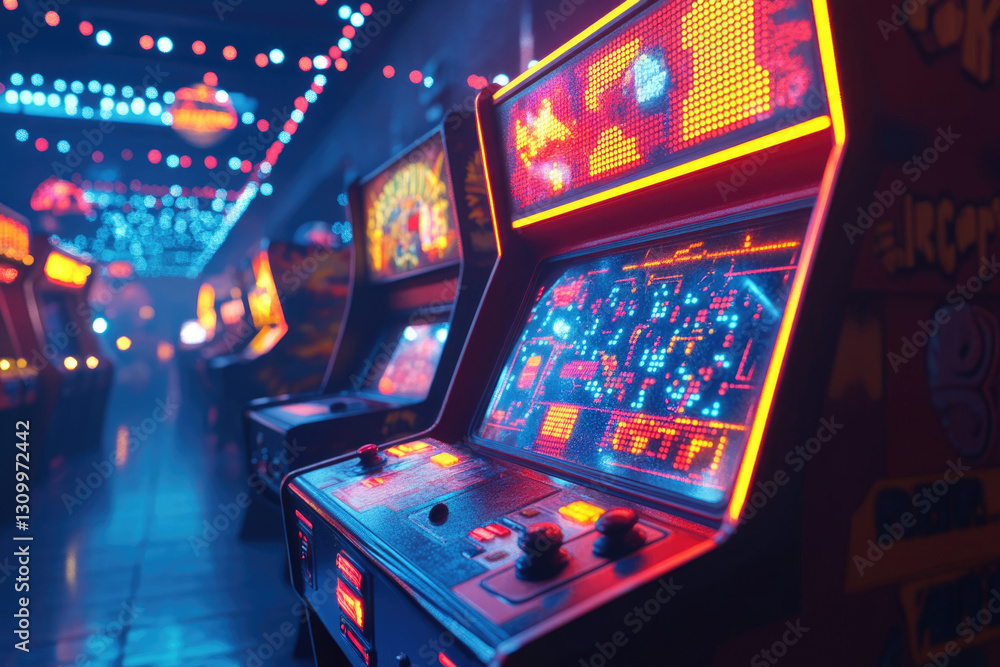 Poster a vibrant arcade scene with rows of classic arcade games glowing under colorful lights.