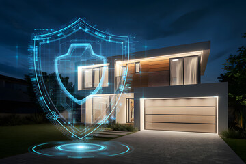 Modern home showing a hologram of a secured house. Futuristic security