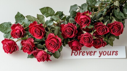 "Forever yours" with vibrant red roses arranged elegantly against white