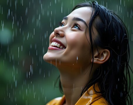 A smiling woman in the rain looks up with joy, her wet hair and glowing expression capturing a carefree, refreshing moment.
