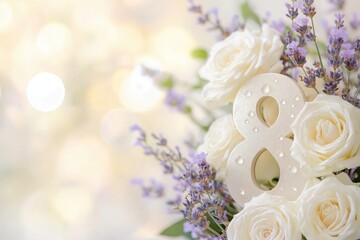 A softly illuminated number 8 surrounded by lavender sprigs and ivory roses, adorned with gentle water droplets, creating a peaceful and elegant tribute to International Women's Day