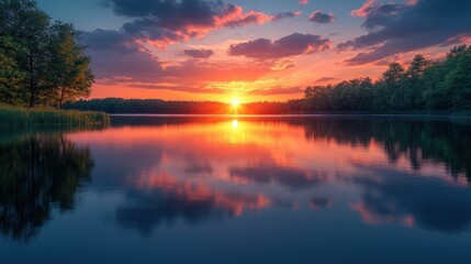Obraz premium Fiery sunset mirrored in tranquil lake waters.