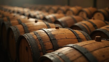 Close-up of wooden beer barrels in storage room. Brewery cellar, distillery equipment, warehouse. Alcohol drink aging process, production concept. Dark background and soft light on oak containers.