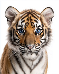 Fototapeta premium Majestic Standing Tiger with Blue Eyes Isolated on White Background 