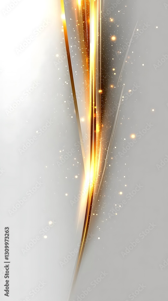 Poster illuminated golden strands floating down on grey backdrop with sparkle dust