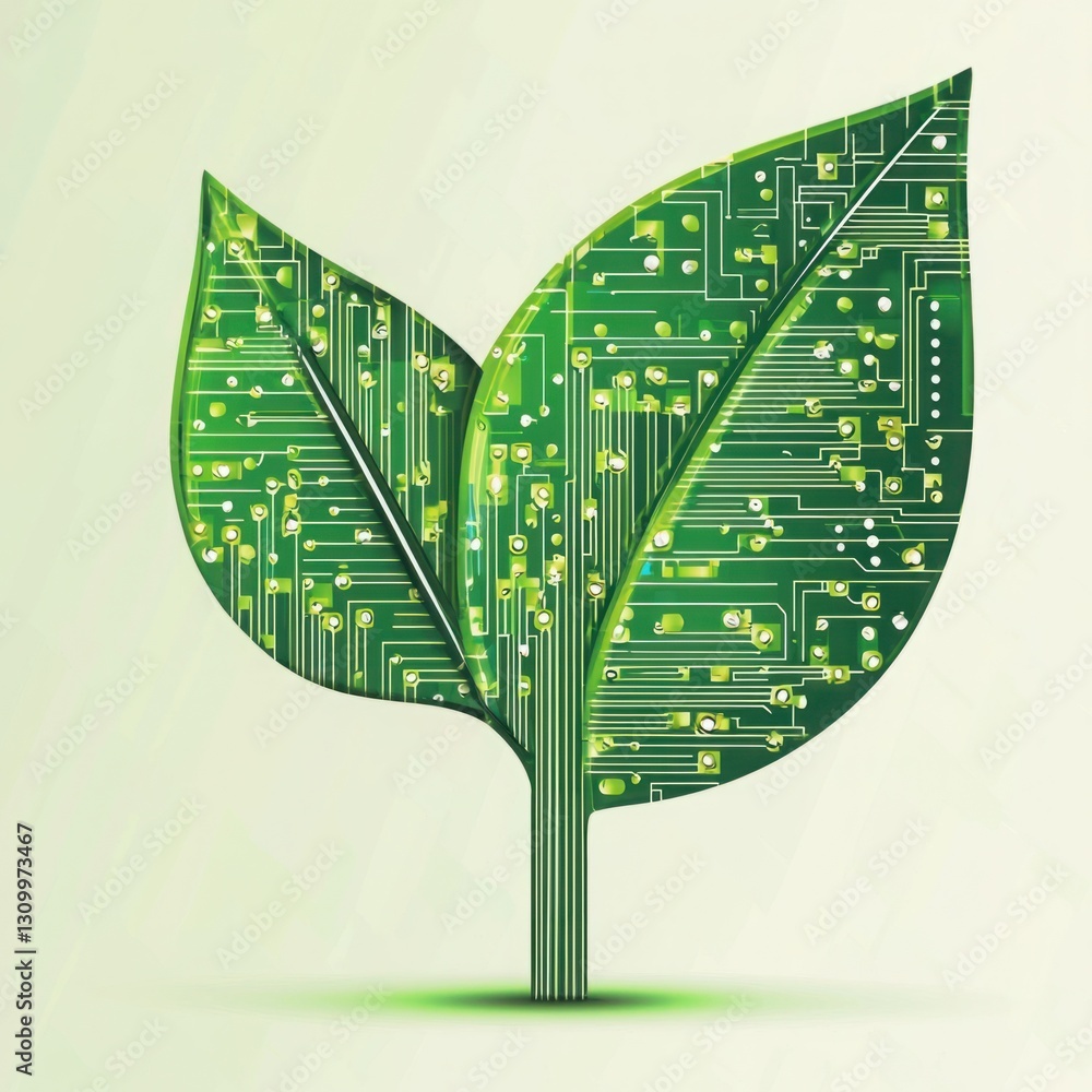 Aufkleber conceptual illustration of leaf with digital circuit patterns signifying technology and nature integ