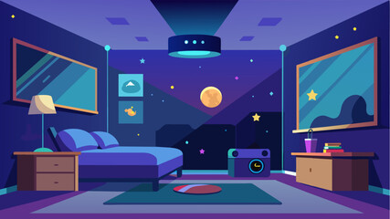This bedroom is the ultimate entertainment hub for kids with a projector that turns the ceiling into a starry night sky and a virtual reality headset. Vector illustration