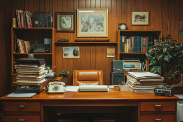 A retro-styled office with wooden paneling, a leather chair, stacks of paperwork, bookshelves, and vintage decor.