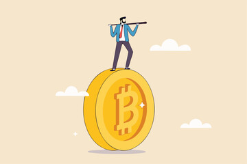Bitcoin and crypto investment risk, balance between risk and return, cryptocurrency challenge to overcome volatility and make profit concept, businessman investor balancing as acrobat on giant bitcoin