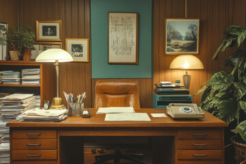 A retro-style office with wooden furniture, vintage lamps, and stacks of papers, suggesting a writer's or executive's workspace.