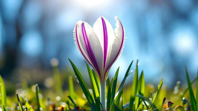 Close-up of blooming crocus flowers in soft sunlight with a blurred background