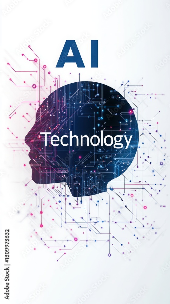 Poster abstract representation of artificial intelligence featuring a silhouette of a head integrated with 