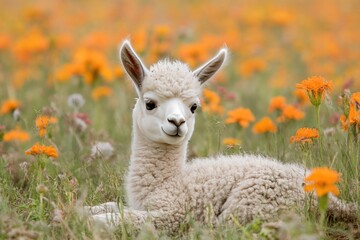 Fototapeta premium Charming Baby Llama Portrait. Adorable South American Mammal with Playful Expression