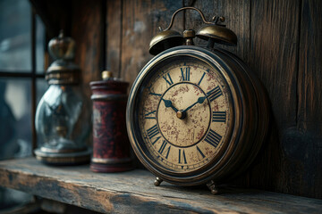 Antique alarm clock with distressed finish sits on a rustic wooden shelf with vintage jars.