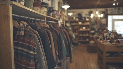 Vintage clothing display in rustic shop