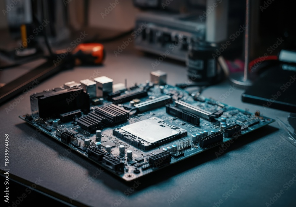 Poster close-up of a computer motherboard on a workbench in a tech environment