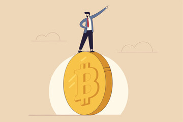 Bitcoin and crypto investment risk, balance between risk and return, cryptocurrency challenge to overcome volatility and make profit concept, businessman investor balancing as acrobat on giant bitcoin