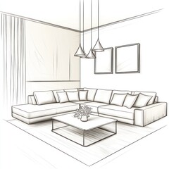 Modern sectional sofa in living room sketch.