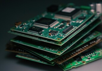 Obraz premium Stack of electronic circuit boards showcasing intricate designs and components