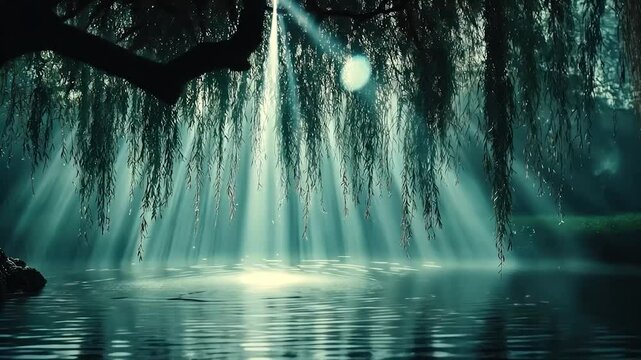 Moonlight through weeping willows over still pond