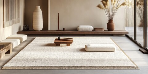 A serene interior space featuring minimalist decorations and natural light