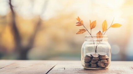 A jar filled with coins and a green plant emerging from it representing retirement savings and financial growth for the future