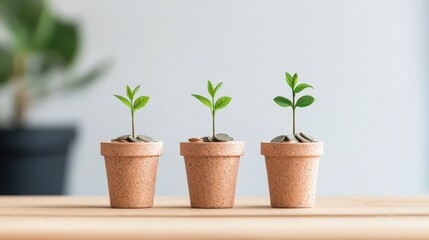 Obraz premium Trio of small green plants in a pot representing money growth and financial nurturing in a sustainable and eco-friendly environment